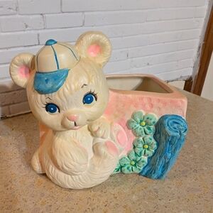 Vintage Relpo Bear Japan Planter Bear with Hat Floral Pink and Blue Cottagecore